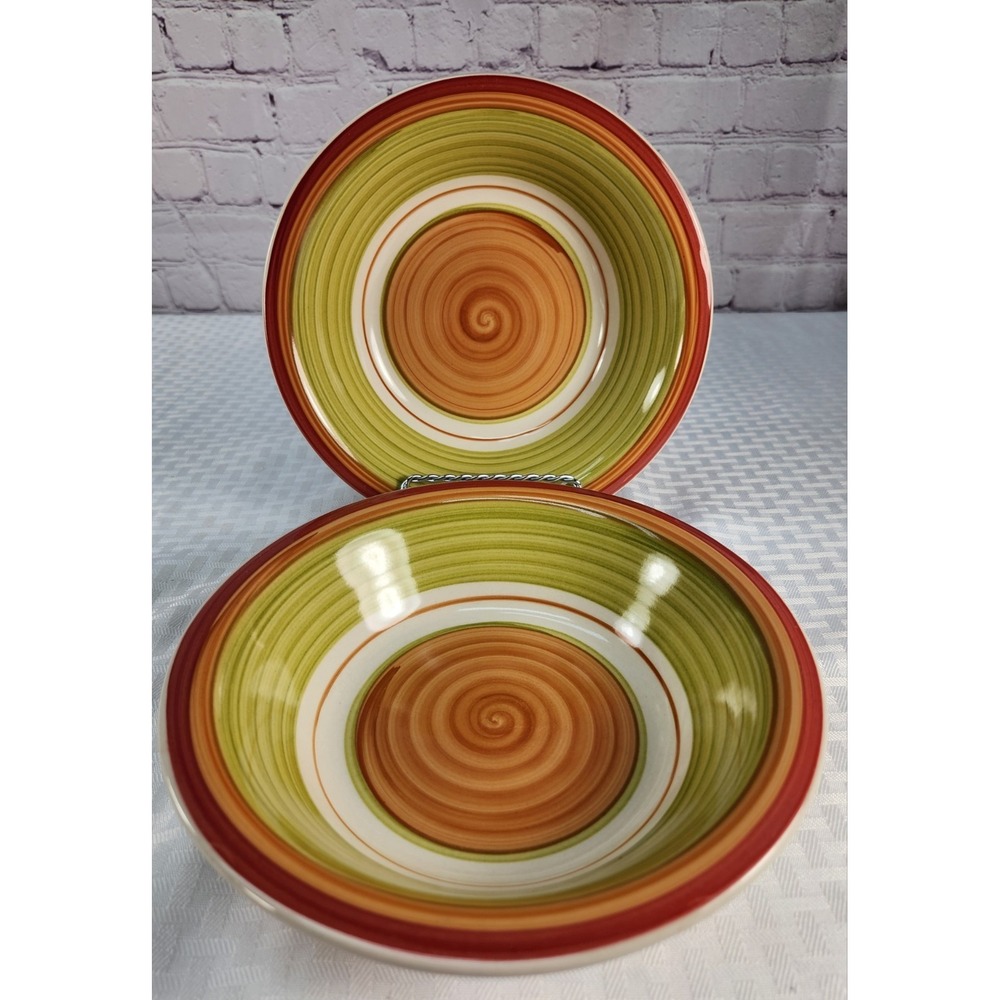 Pier 1 Valencia Soup/Cereal Bowl 8 1/4" Swirl Set of 2 Hand Painted Stoneware